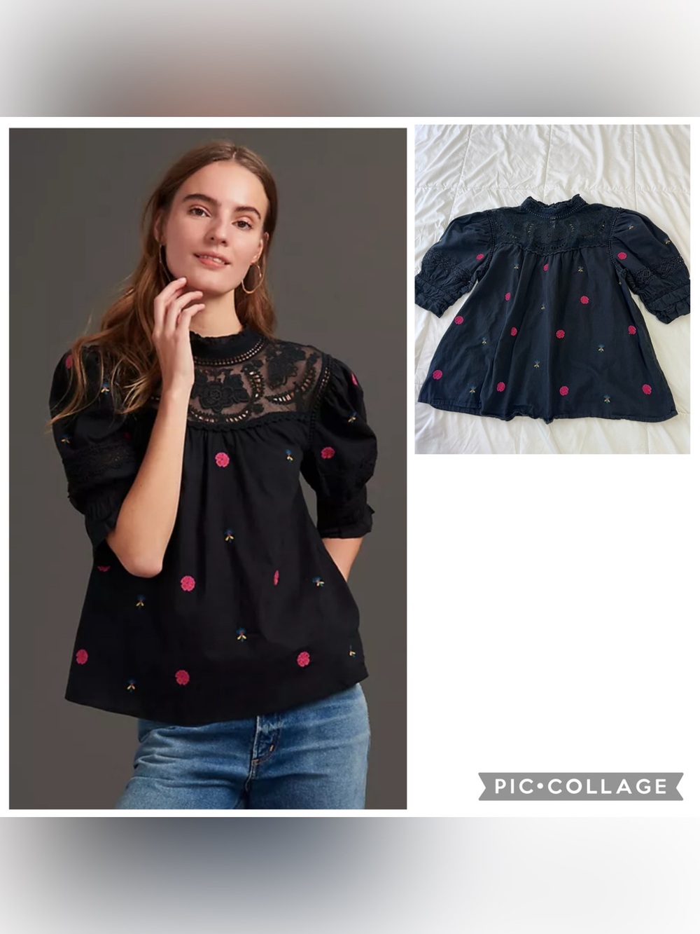 Anthropologie Blue navy Puff Sleeve Lace Yoke Blouse with Pink Embroidery size S